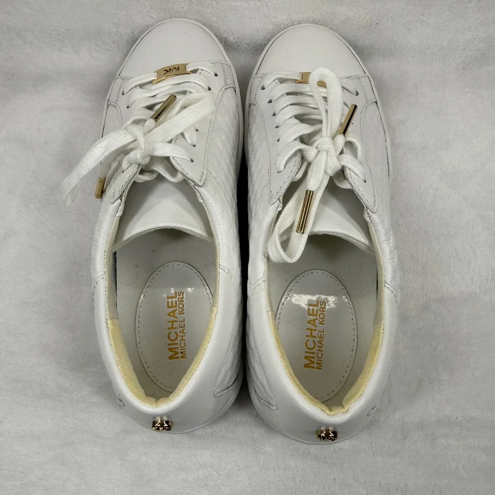 NEW Michael Kors Keaton White Leather Embossed MK Logo Sneakers Gold Hardware 7M